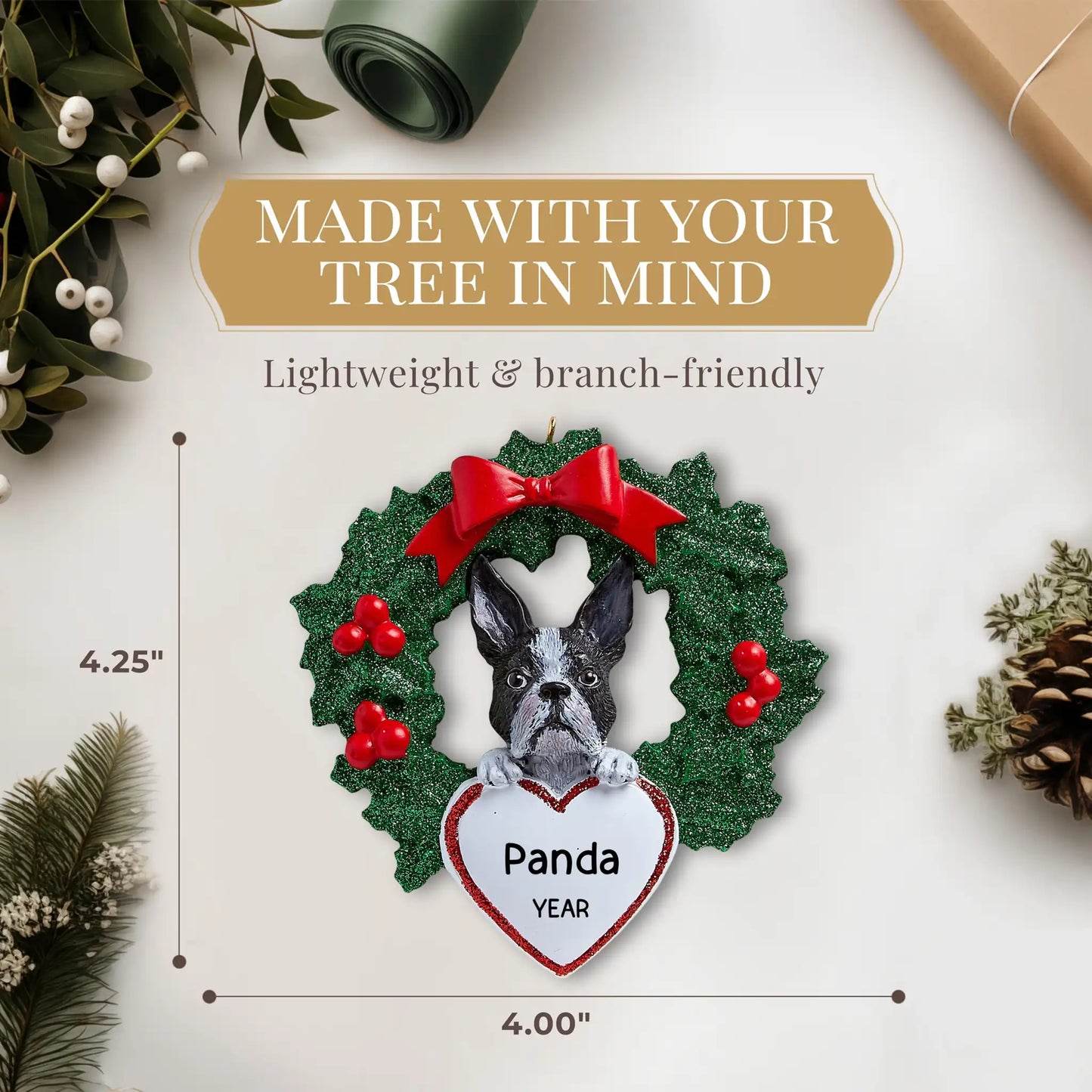 Adorno navideño de Boston Terrier con corona 