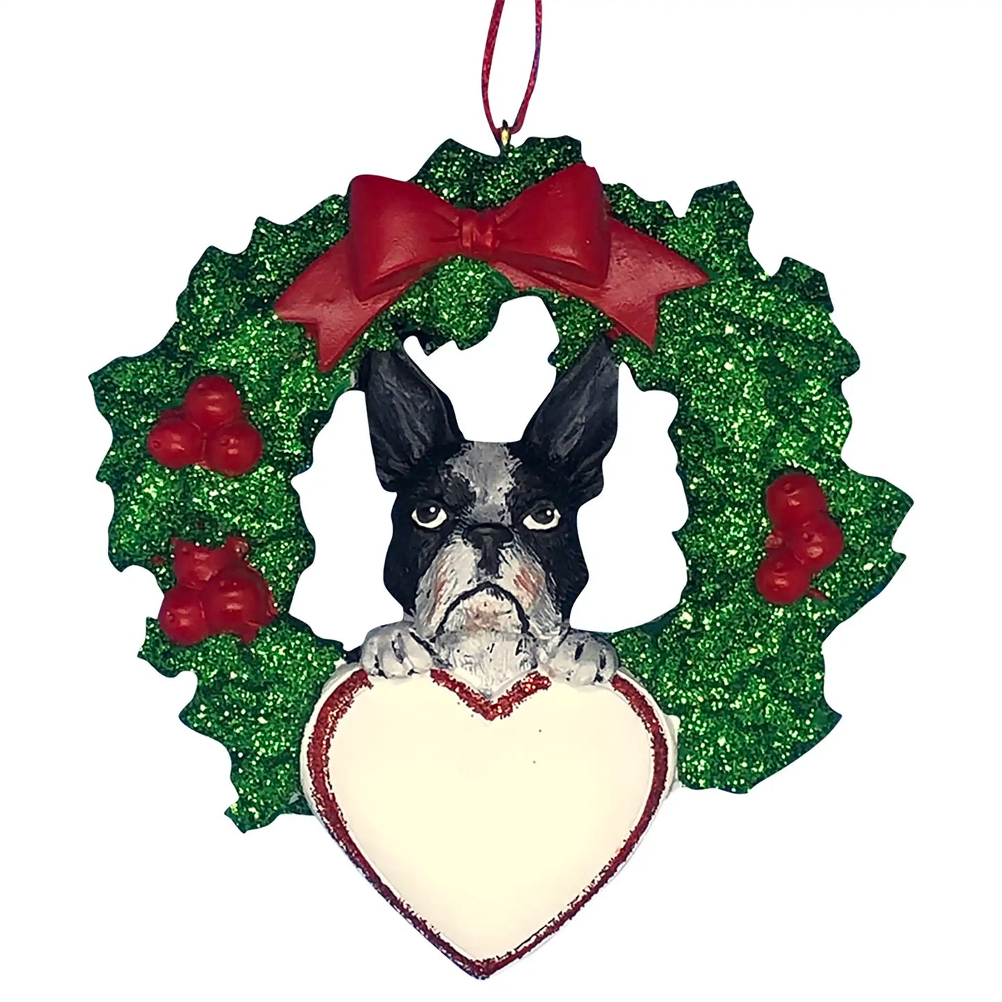 Boston Terrier With Wreath Christmas Ornament