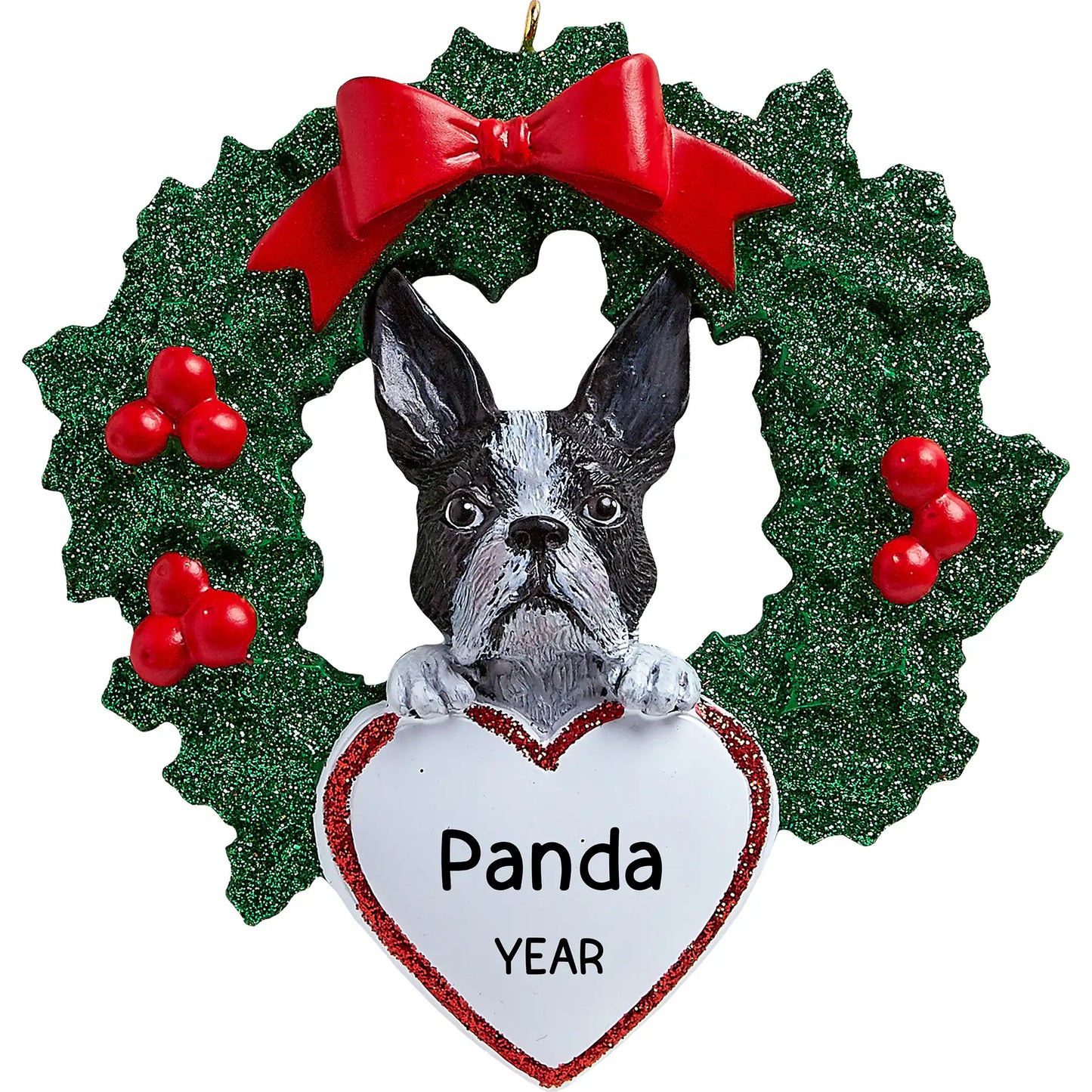 Boston Terrier With Wreath Christmas Ornament