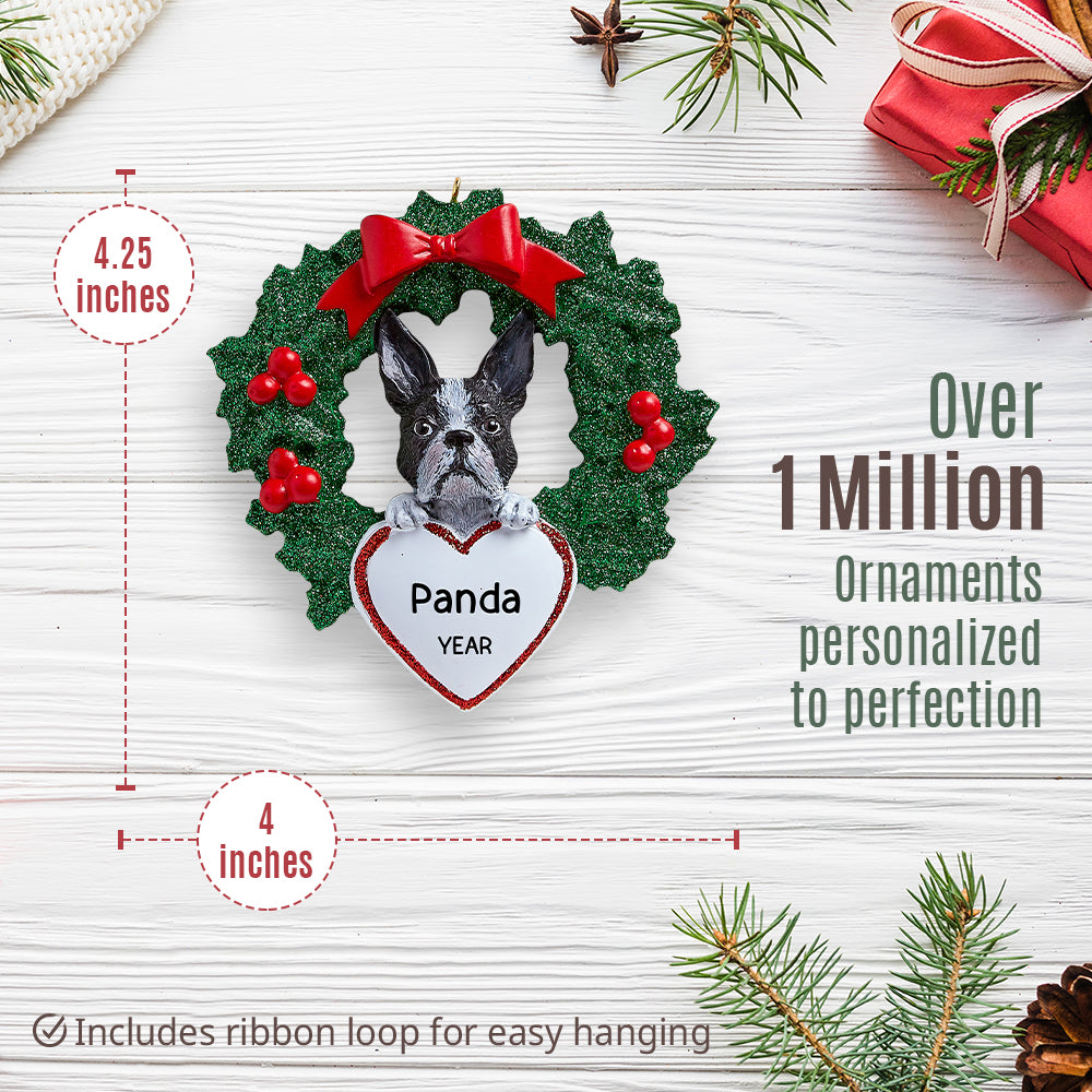 Boston Terrier With Wreath Christmas Ornament