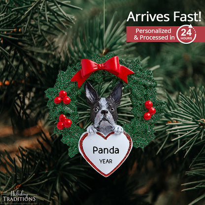 Boston Terrier With Wreath Christmas Ornament