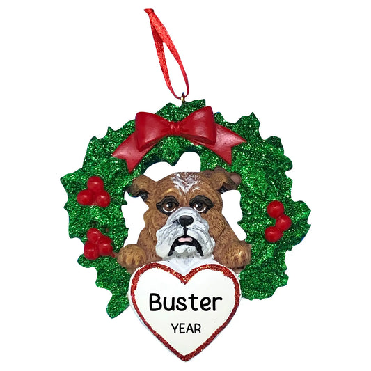 Bulldog With Wreath Christmas Ornament