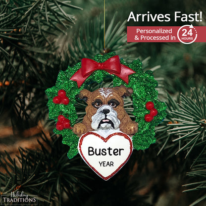 Bulldog With Wreath Christmas Ornament