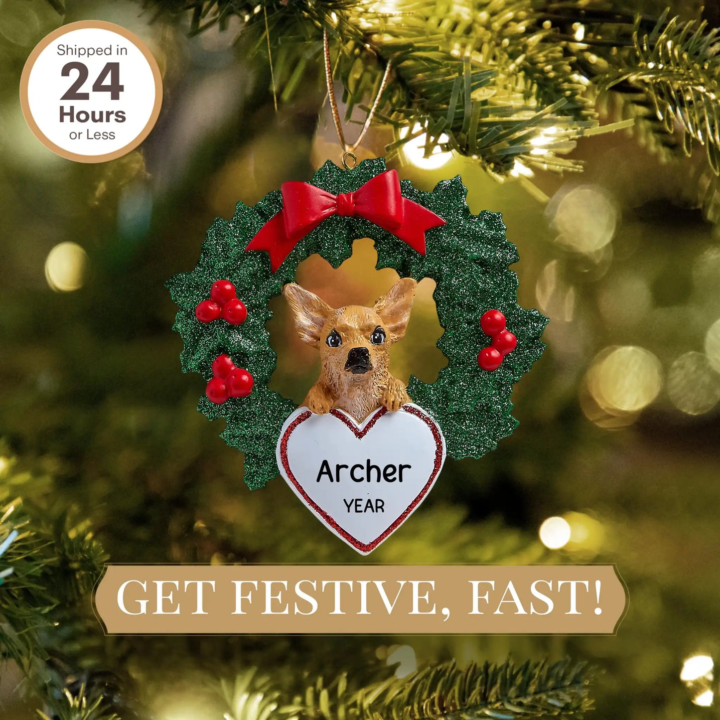 Adorno navideño de chihuahua con corona 