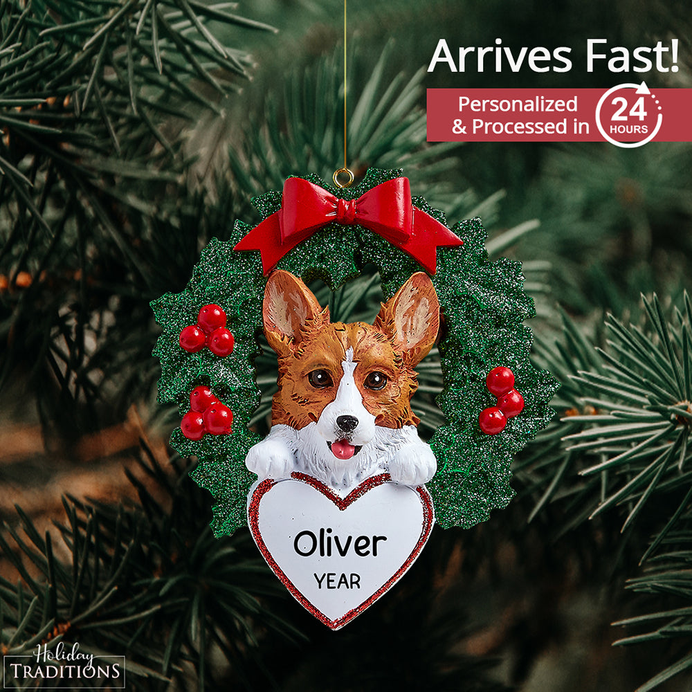 Corgi With Wreath Christmas Ornament