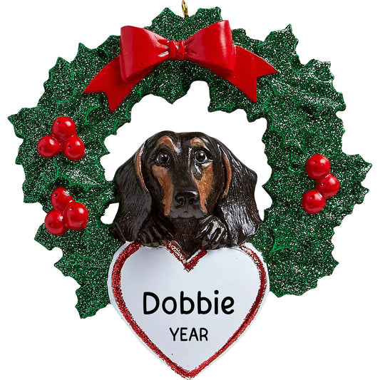 Black Dachshund With Wreath Christmas Ornament