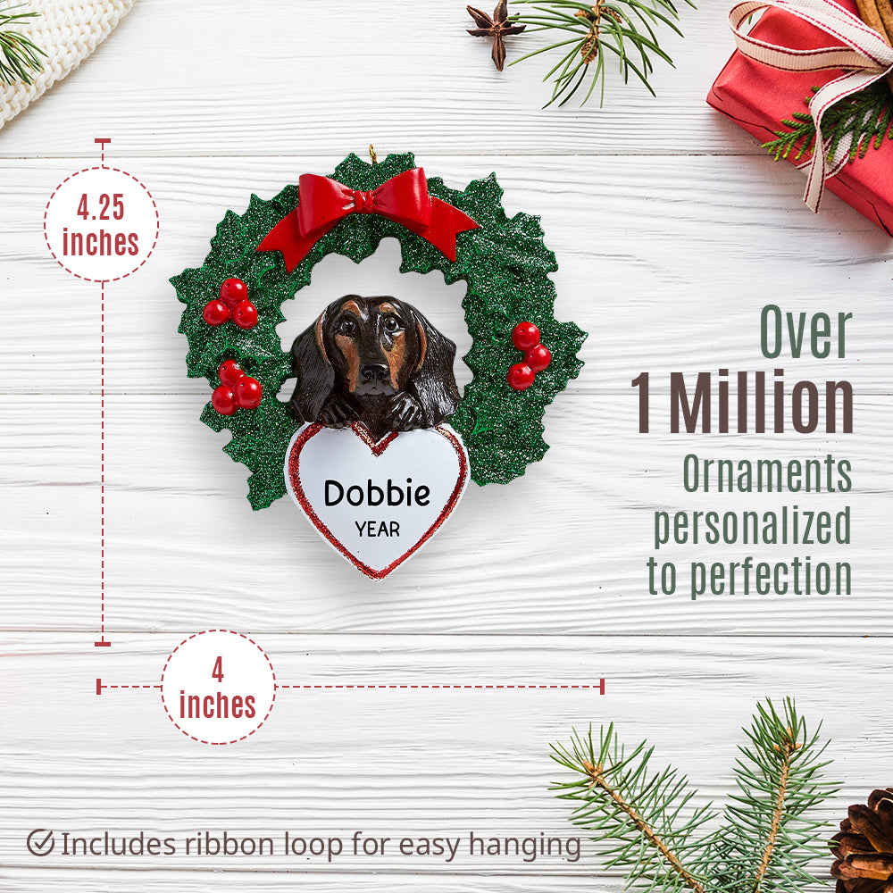 Black Dachshund With Wreath Christmas Ornament