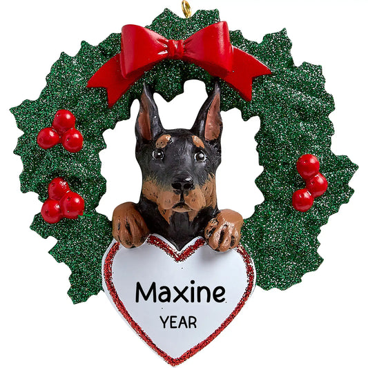 Doberman Pinscher With Wreath Christmas Ornament