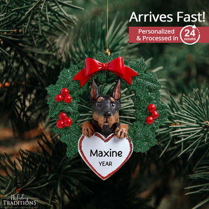 Doberman Pinscher With Wreath Christmas Ornament