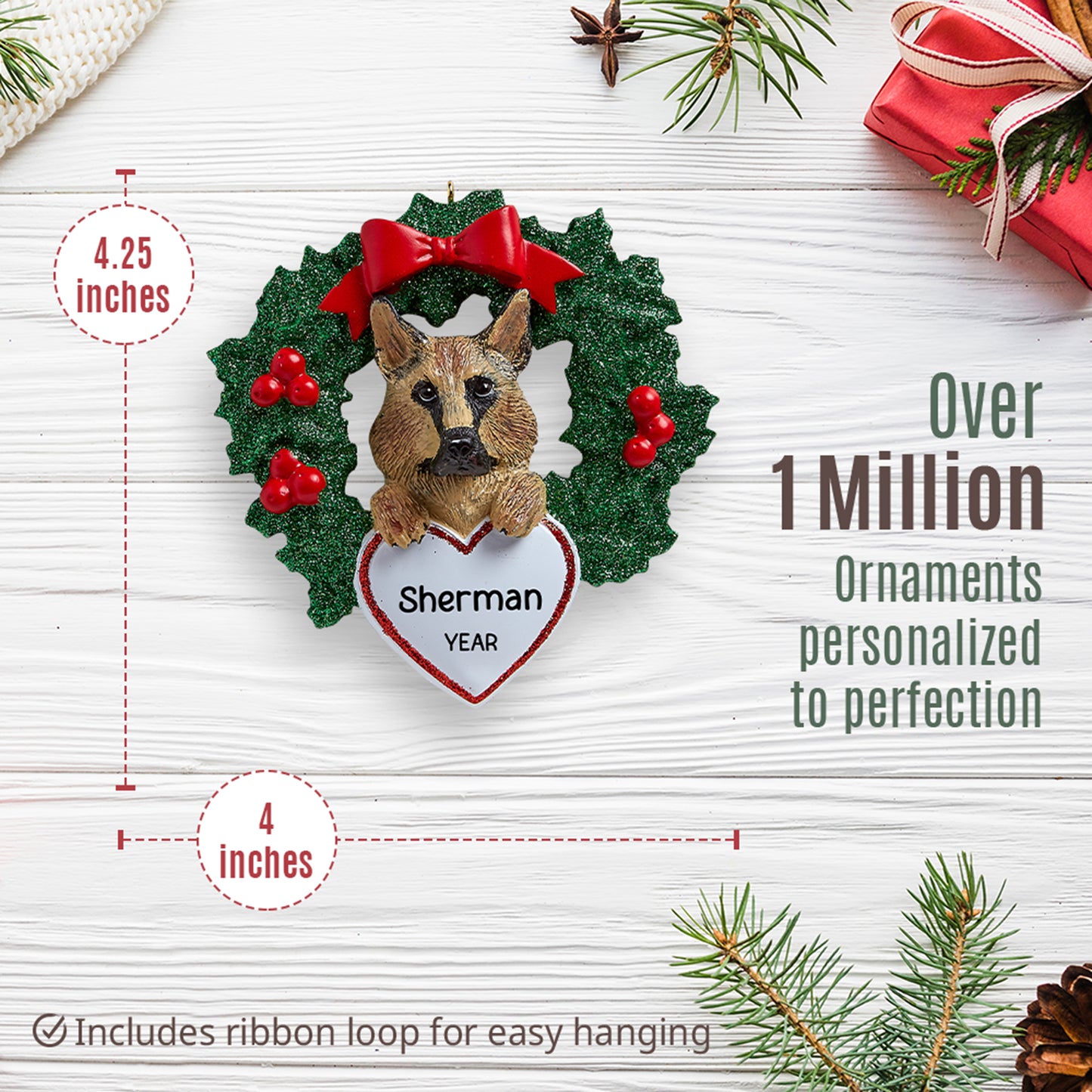 German Shepherd With Wreath Christmas Ornament