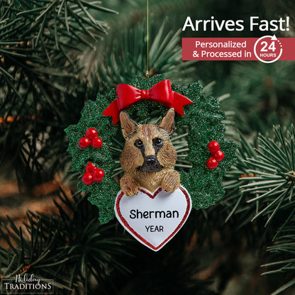 German Shepherd With Wreath Christmas Ornament