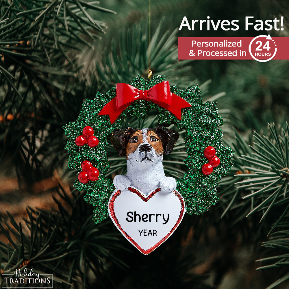 Jack Russell With Wreath Christmas Ornament