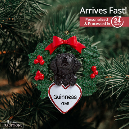 Black Lab With Wreath Christmas Ornament