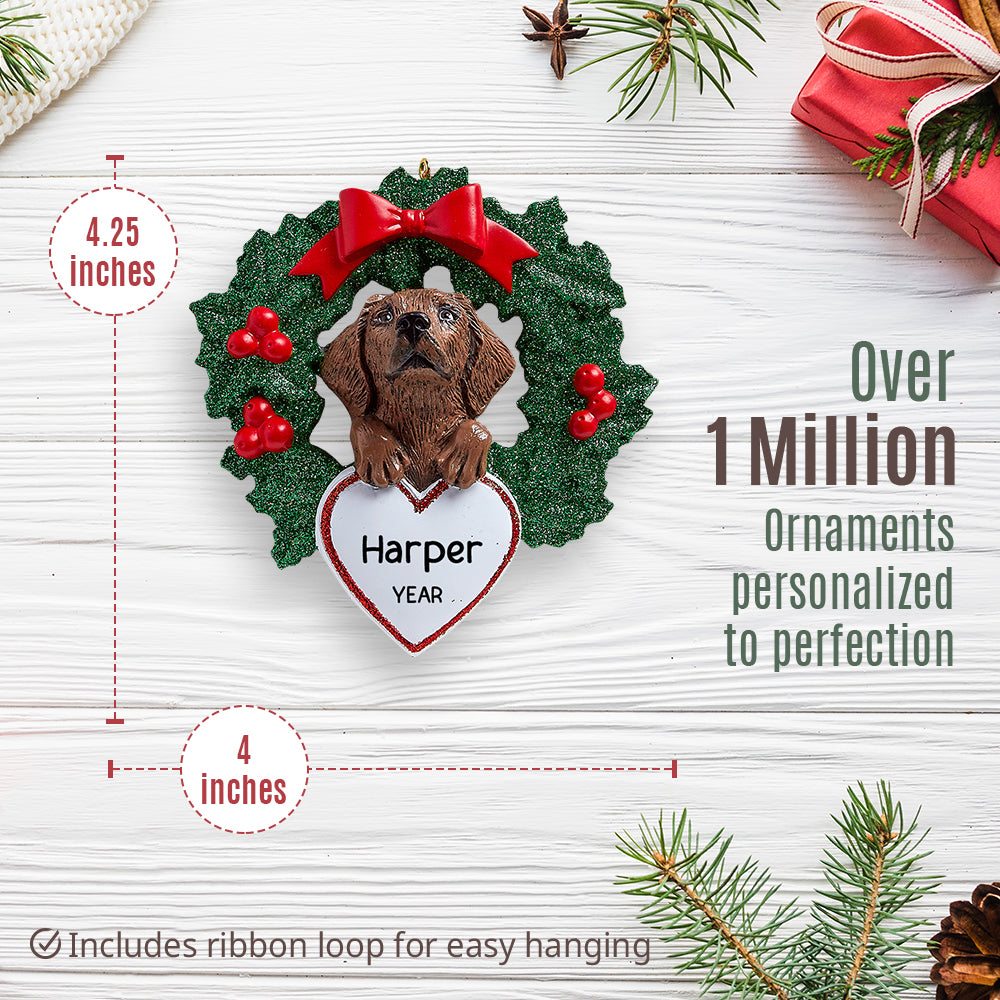 Chocolate Lab With Wreath Christmas Ornament