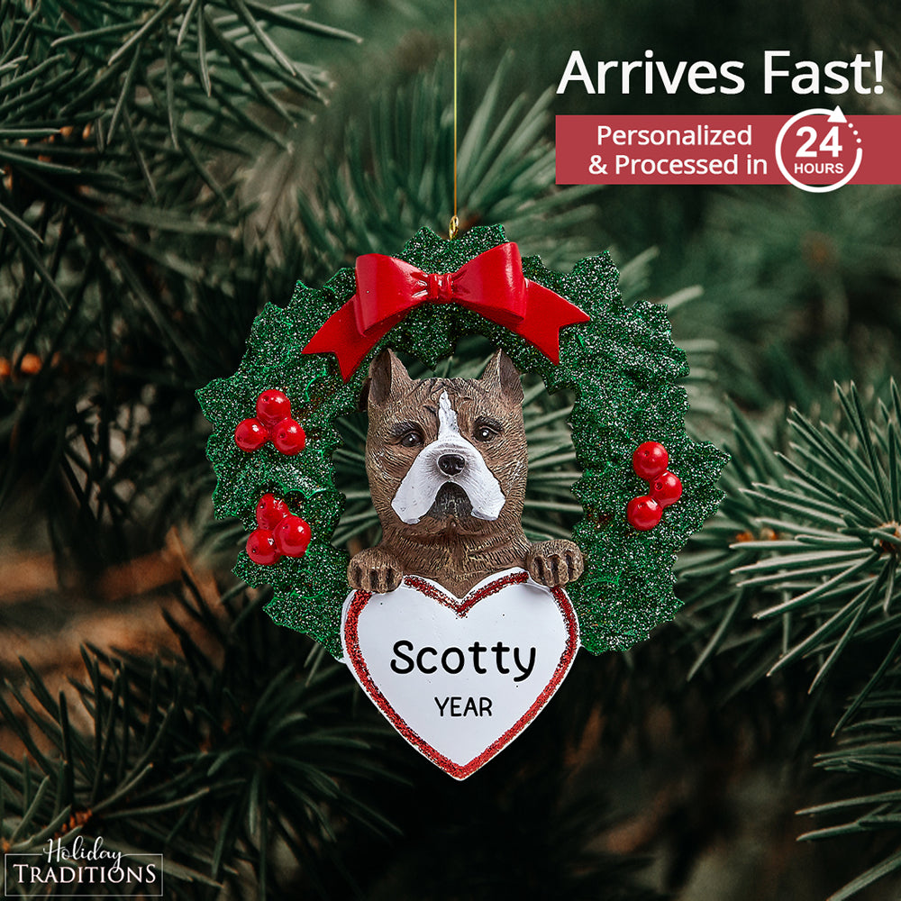 Pit Bull With Wreath Christmas Ornament