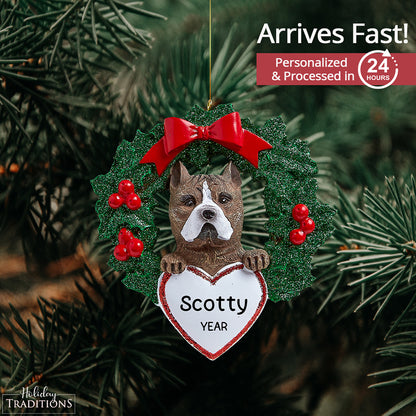 Pit Bull With Wreath Christmas Ornament