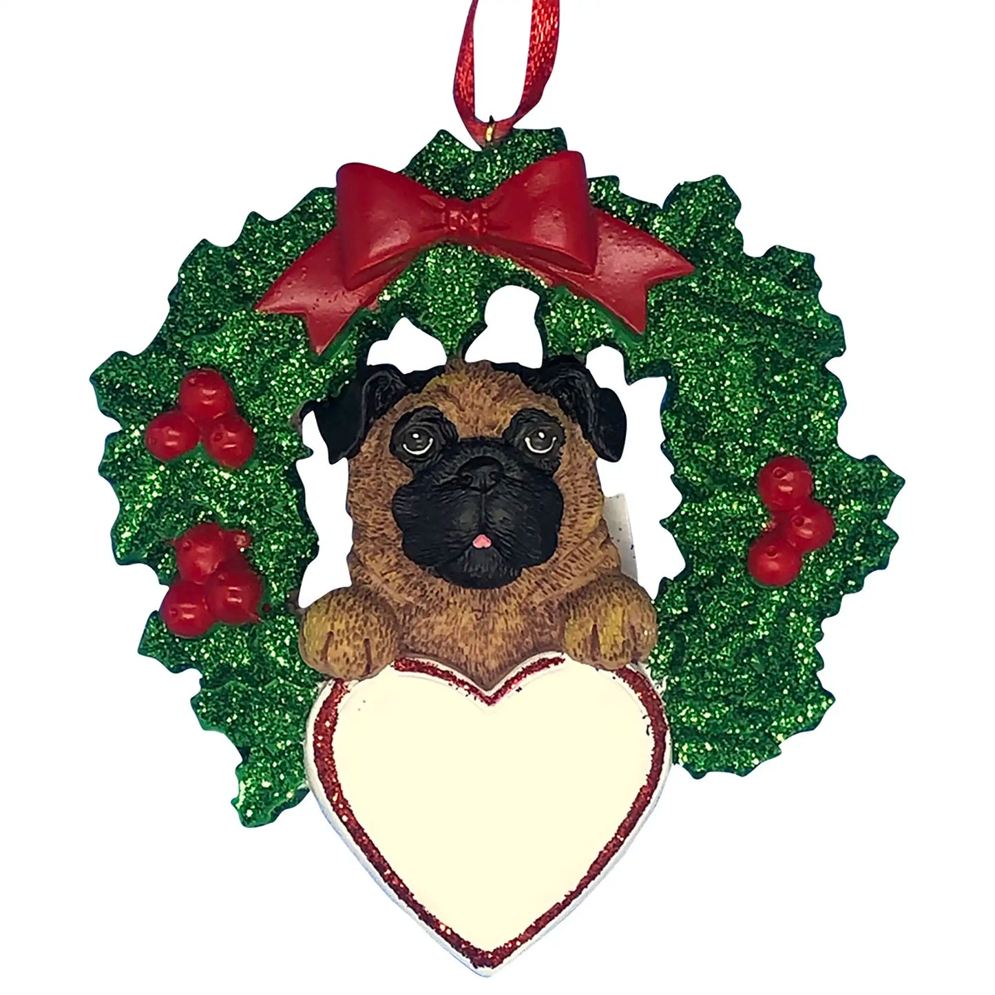 Pug With Wreath Christmas Ornament