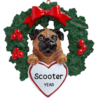 Pug With Wreath Christmas Ornament