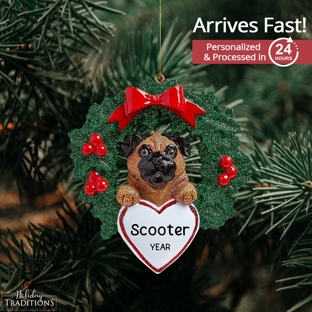 Pug With Wreath Christmas Ornament