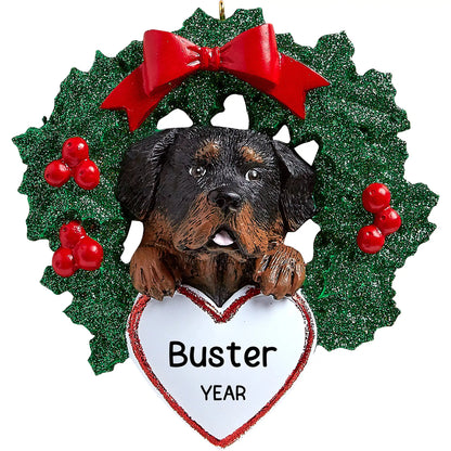 Rottweiler With Wreath Christmas Ornament