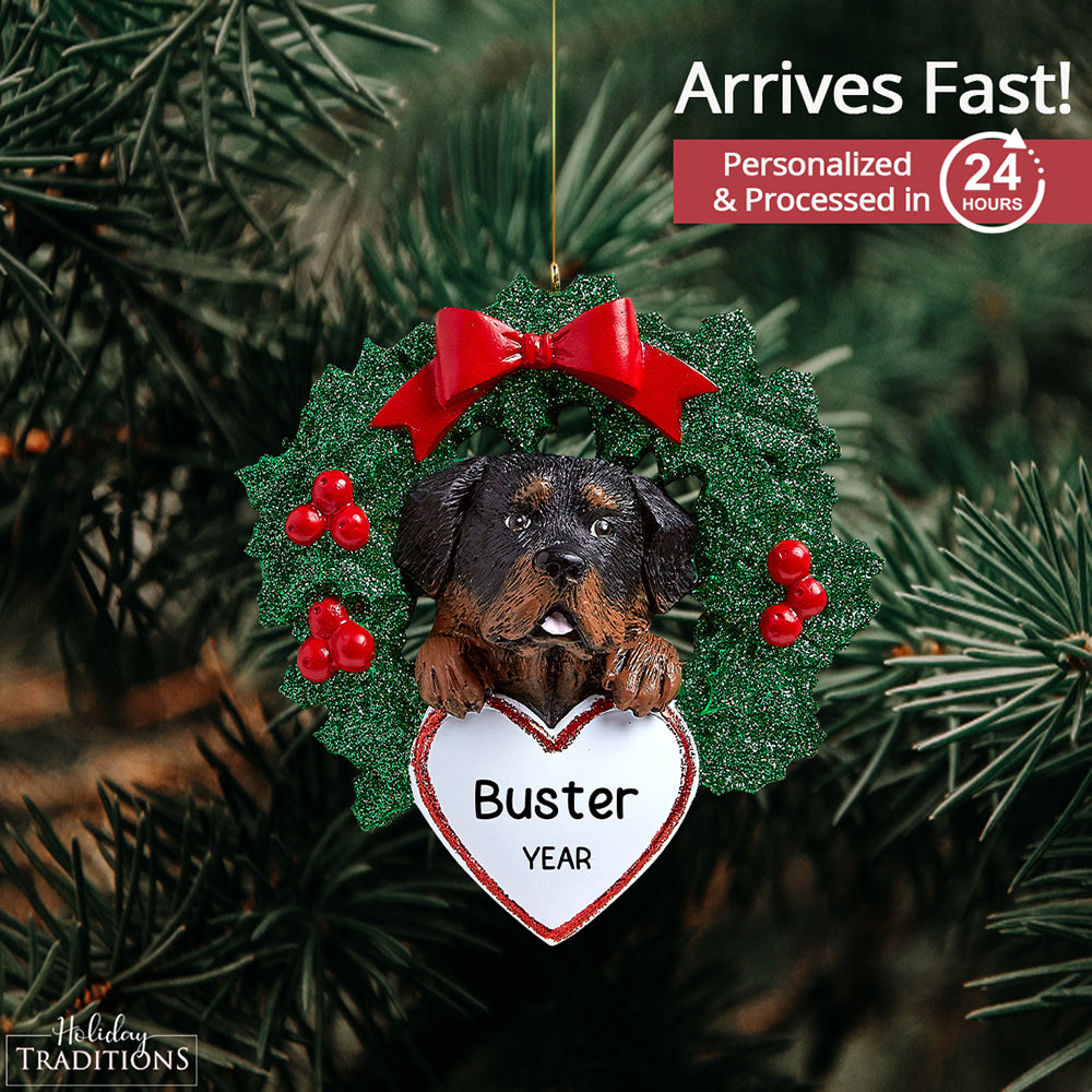 Rottweiler With Wreath Christmas Ornament