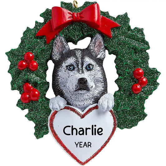 Siberian Husky With Wreath Christmas Ornament