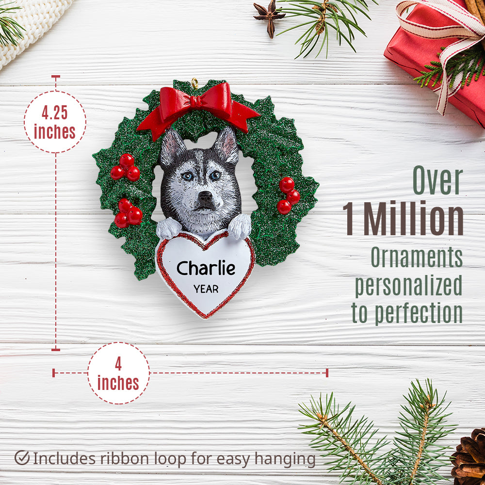 Siberian Husky With Wreath Christmas Ornament