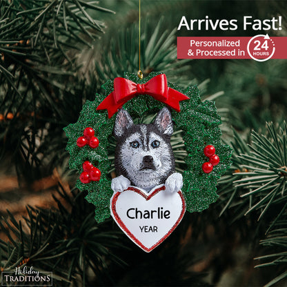 Siberian Husky With Wreath Christmas Ornament