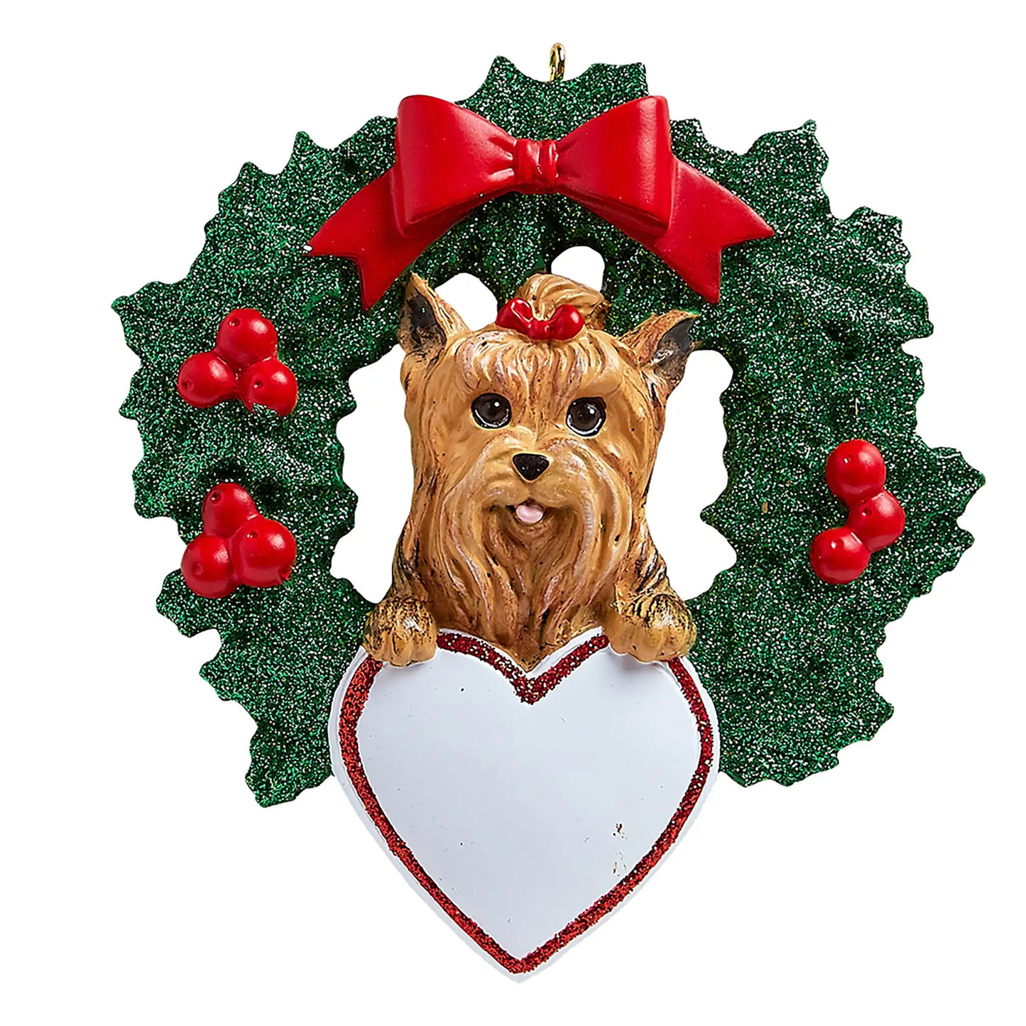 Yorkie With Wreath Christmas Ornament