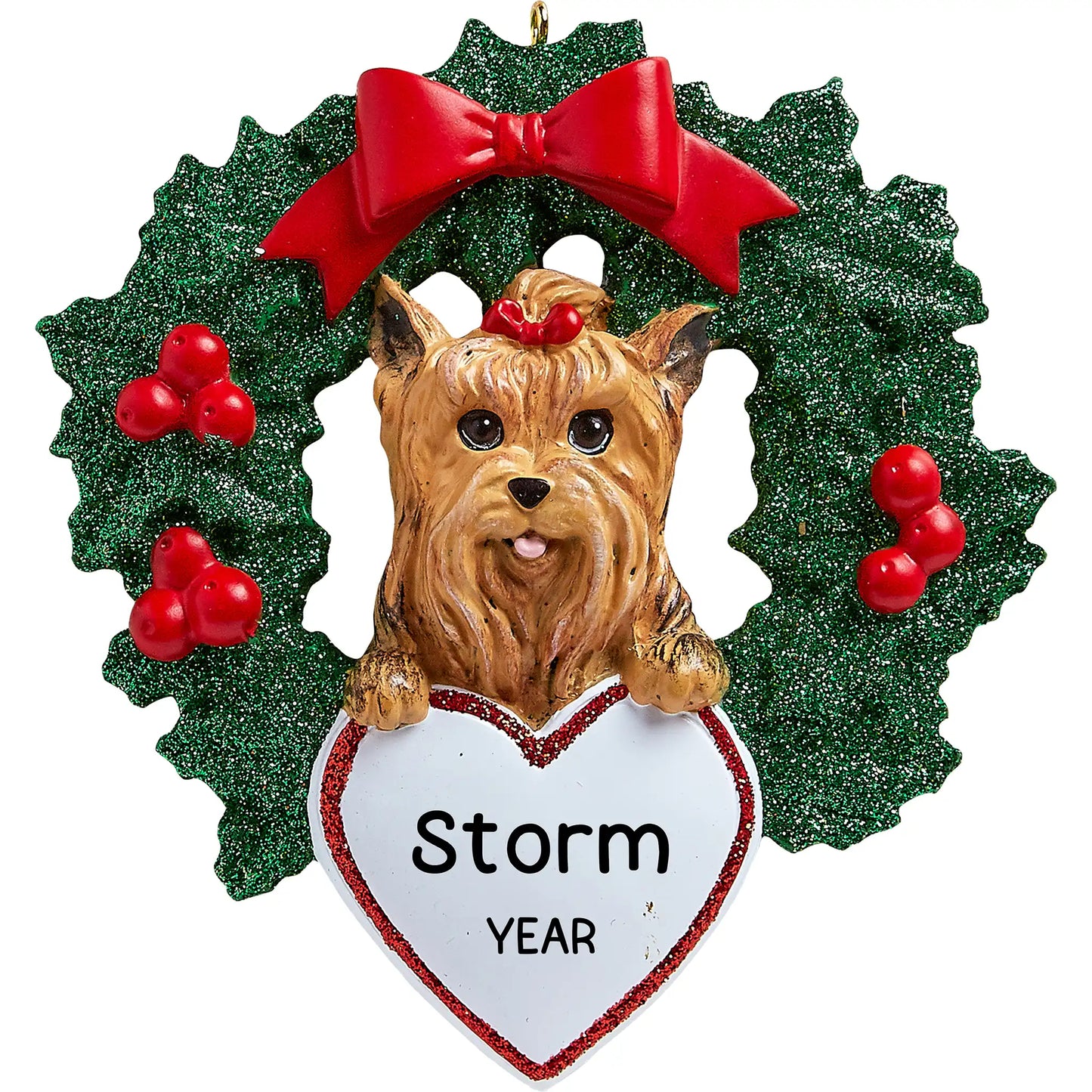 Yorkie With Wreath Christmas Ornament