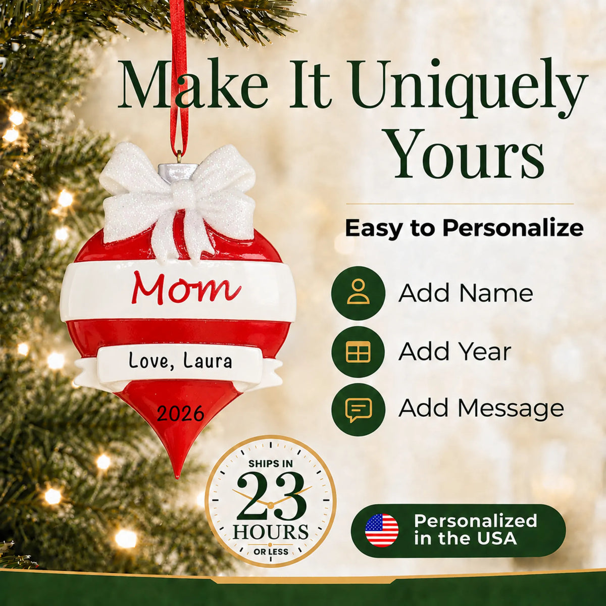 Make it yours: add names and year to the personalized mom red christmas ornament