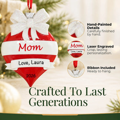 Hand-painted details and laser engraved personalization on the mom red christmas ornament, ribbon included