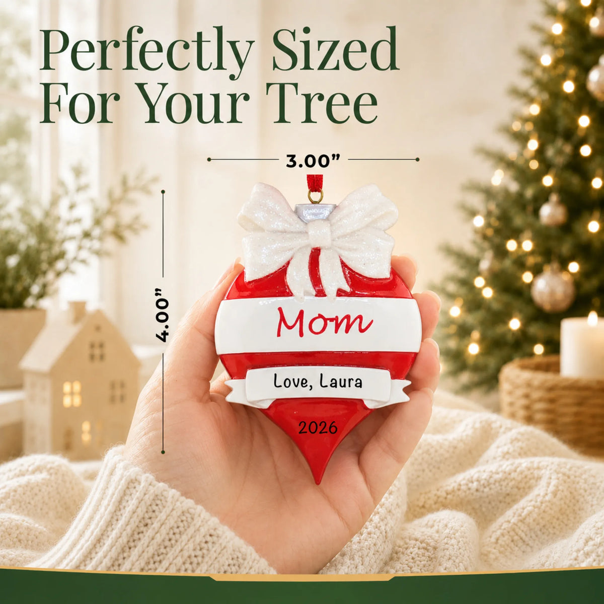 Size guide: the personalized mom red christmas ornament is 3.00 in wide by 4.00 in tall, shown in hand