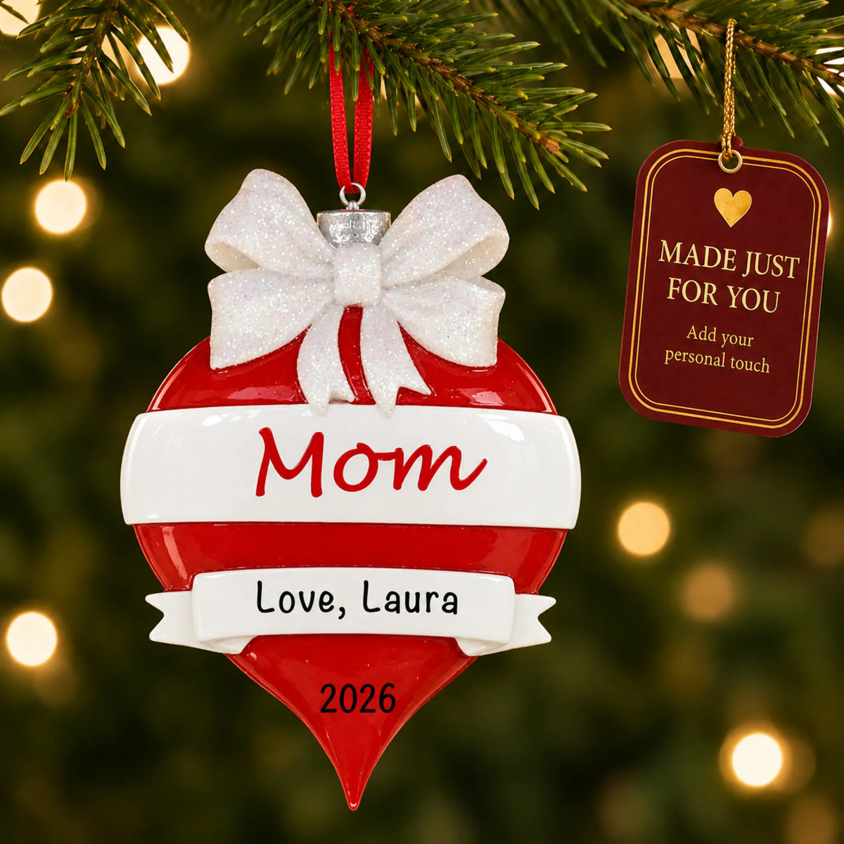 Mom red christmas ornament hanging on a lit Christmas tree with a Made Just For You gift tag