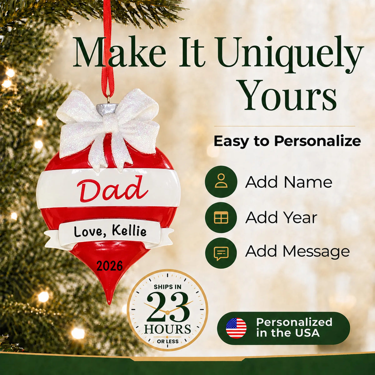 Make it yours: add names and year to the personalized dad red christmas ornament