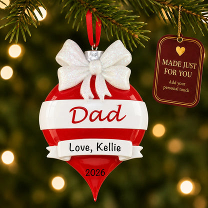 Dad red christmas ornament hanging on a lit Christmas tree with a Made Just For You gift tag