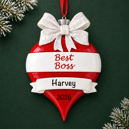 Personalized best boss christmas ornament on a dark green pine background