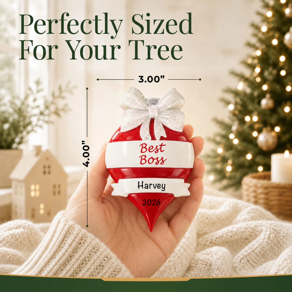 Size guide: the personalized best boss christmas ornament is 3.00 in wide by 4.00 in tall, shown in hand