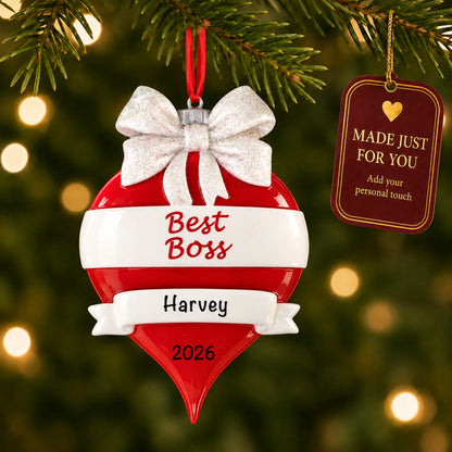 Best boss christmas ornament hanging on a lit Christmas tree with a Made Just For You gift tag