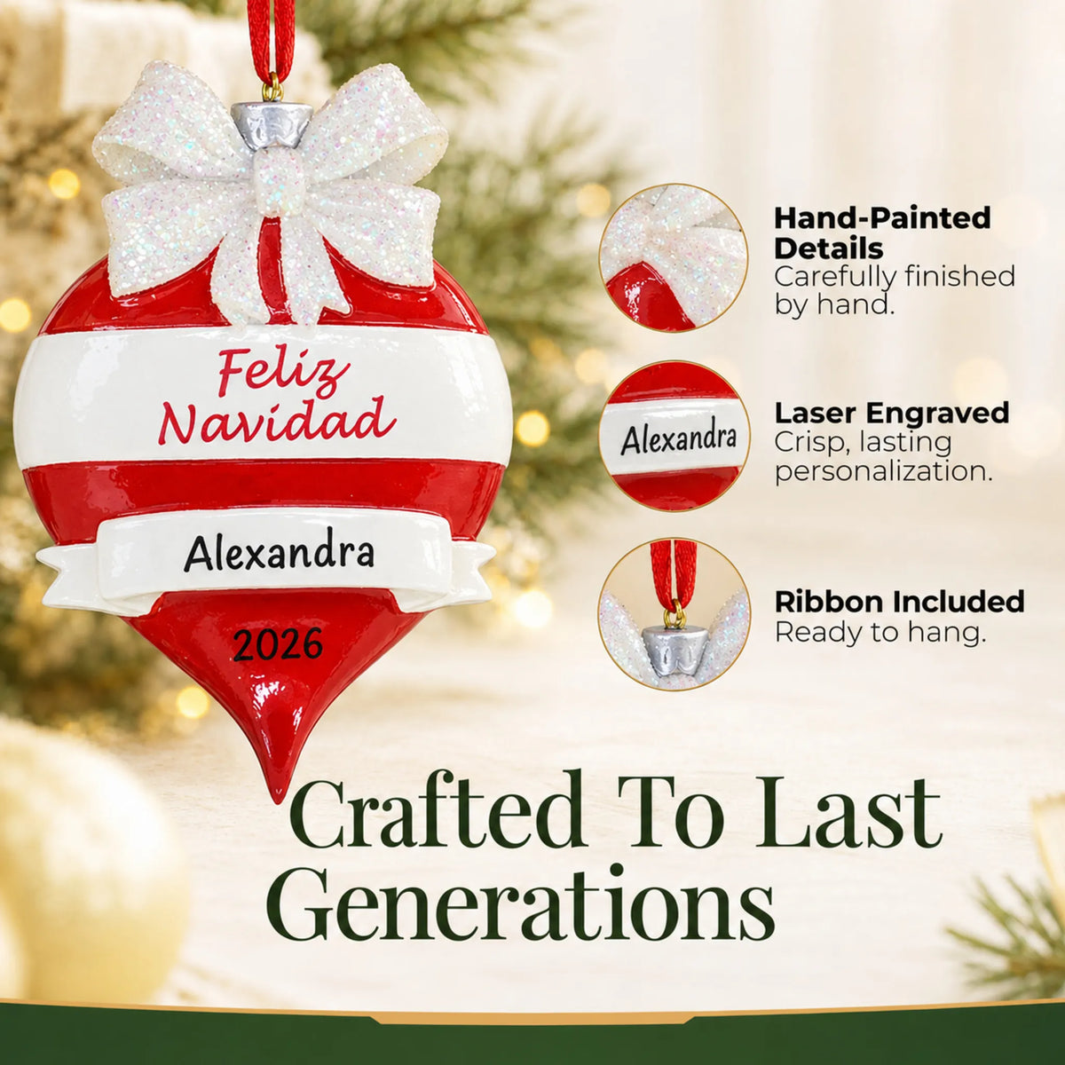 Hand-painted, laser engraved Feliz Navidad christmas ornament, ribbon included