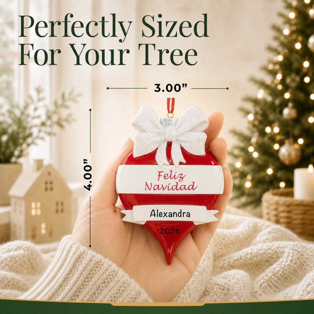Size guide: the personalized Feliz Navidad christmas ornament is 3.00 in wide by 4.00 in tall, shown in hand