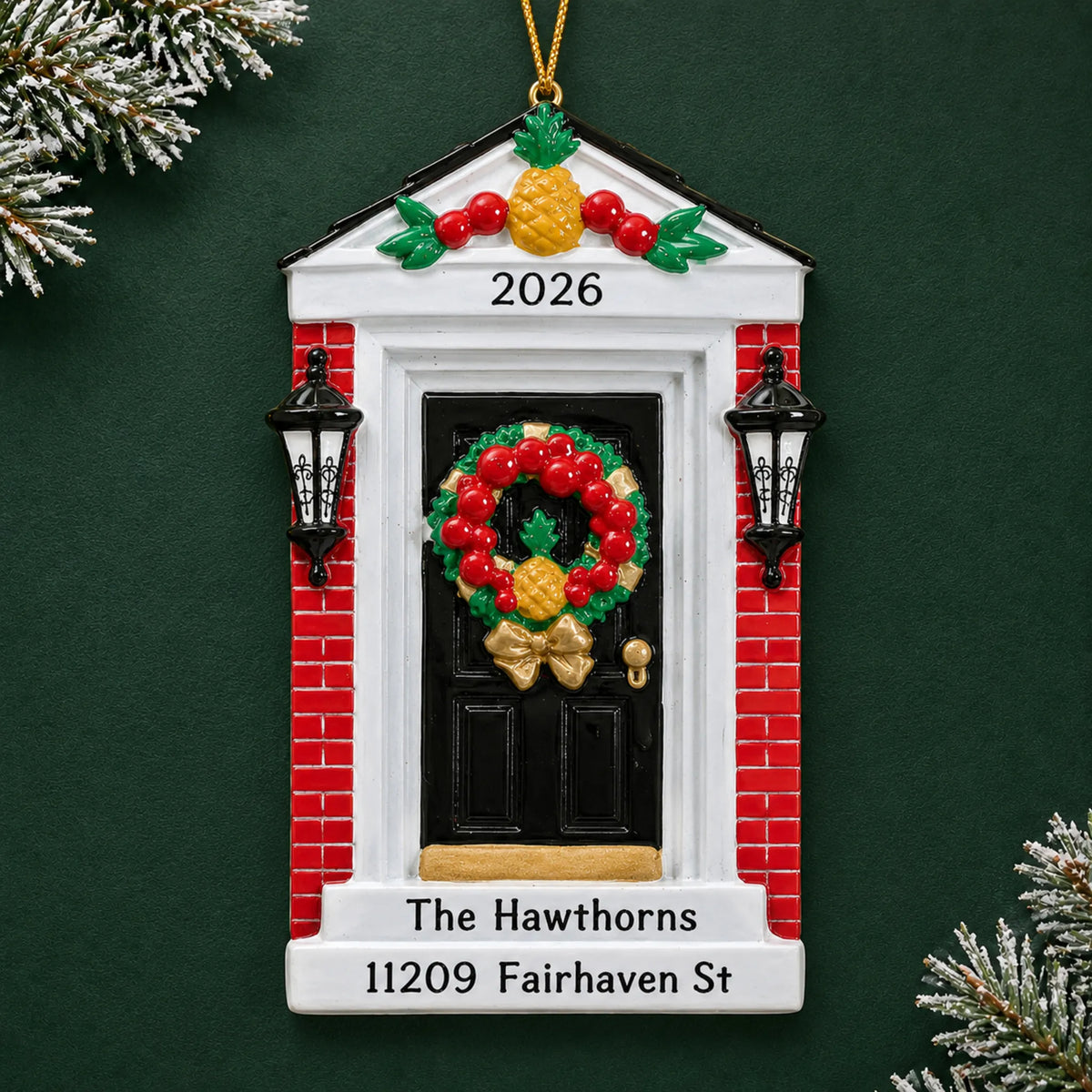 Personalized Red Brick Home Door christmas ornament on a dark green pine background