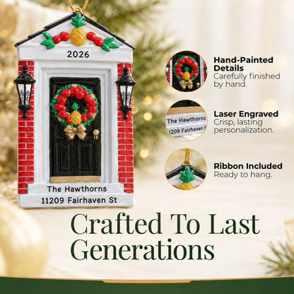 Hand-painted, laser engraved Red Brick Home Door christmas ornament, ribbon included