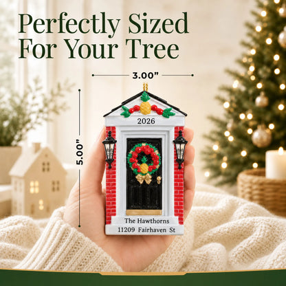 Size guide: the personalized Red Brick Home Door christmas ornament is 3.00 in wide by 5.00 in tall, shown in hand