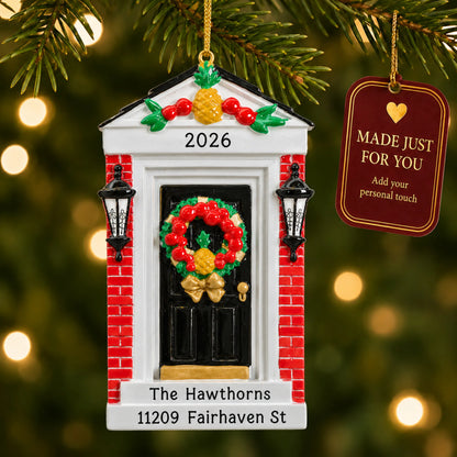 Red Brick Home Door christmas ornament hanging on a lit Christmas tree with a Made Just For You gift tag