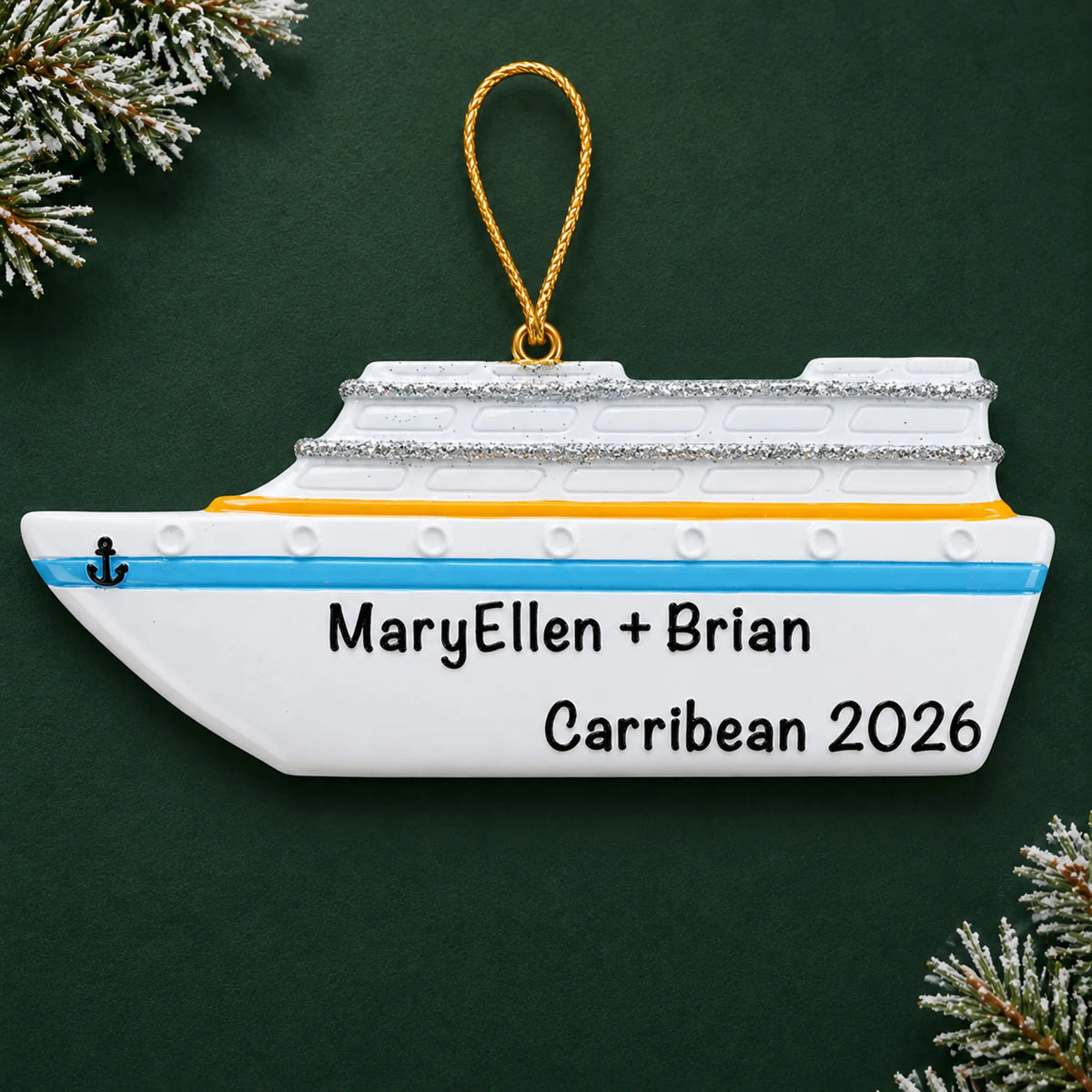 Personalized cruise ship christmas ornament, a white cruise ship, on a dark green pine background