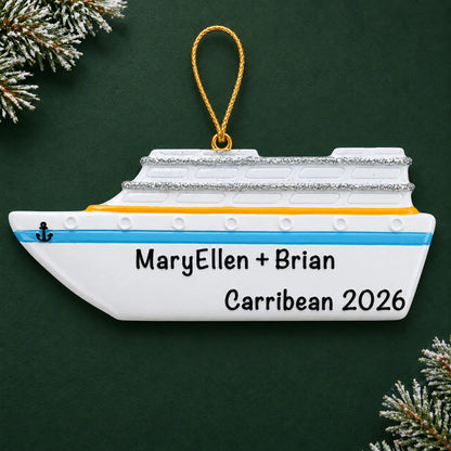 Personalized cruise ship christmas ornament, a white cruise ship, on a dark green pine background
