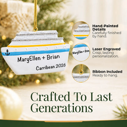 Hand-painted details and laser engraved personalization on the cruise ship christmas ornament, ribbon included