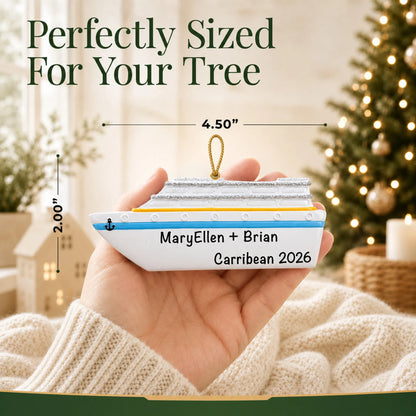 Size guide: the personalized cruise ship christmas ornament is 4.50 in wide by 2.00 in tall, shown in hand