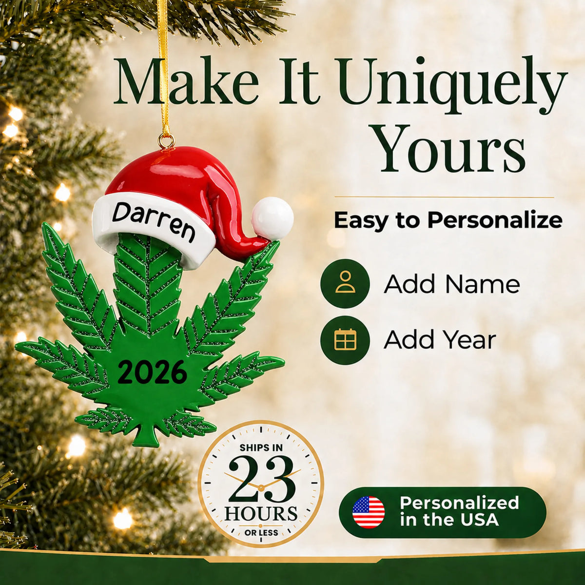 Make it yours: add name and year to the personalized cannabis leaf santa hat christmas ornament